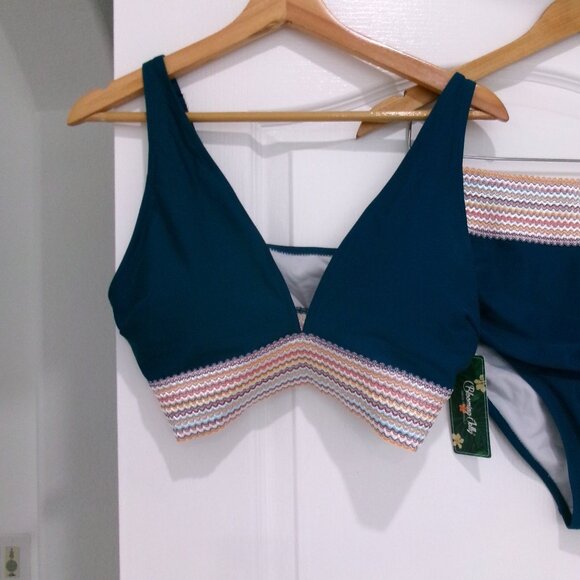 New 2 Piece High Waist Bikini Set Blooming Jelly Turquoise Teal Blue L Ruched - Picture 7 of 12